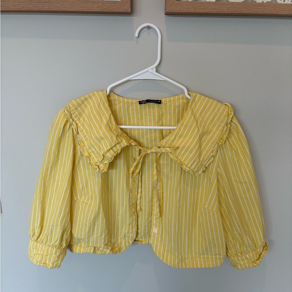 ZARA cotton yellow and white striped dainty crop collar button up size XL - Picture 1 of 7